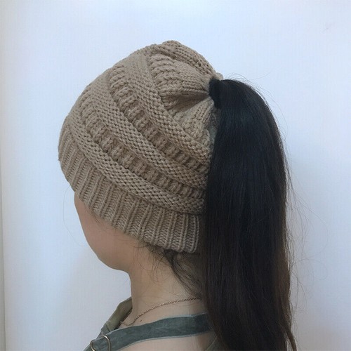BeanieTail Soft Stretch Cable Knit Messy High Bun Ponytail Beanie Hat Cap Warm - Picture 20 of 21
