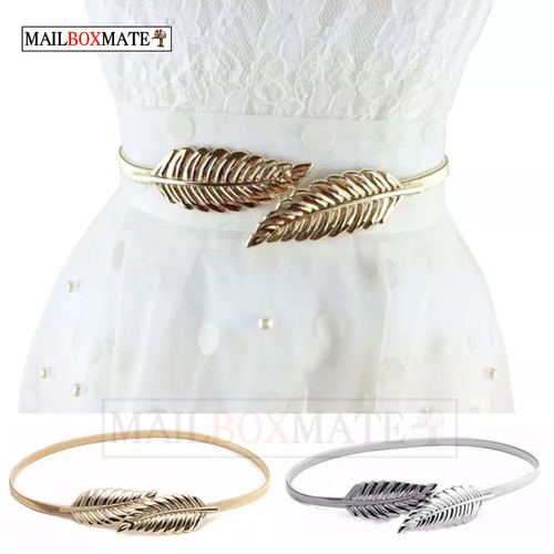 Womens Ladies Gold Silver Leaves Metal Belt Elastic Skinny Slim Thin Waist Band - Picture 1 of 9
