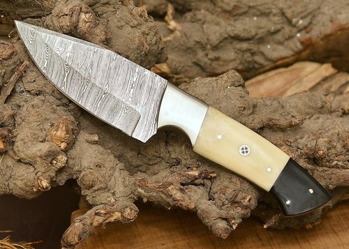 Handmade Damascus Camel Bone Hunting Knife,Fixed Blade with Leather Belt Sheath - Picture 9 of 9
