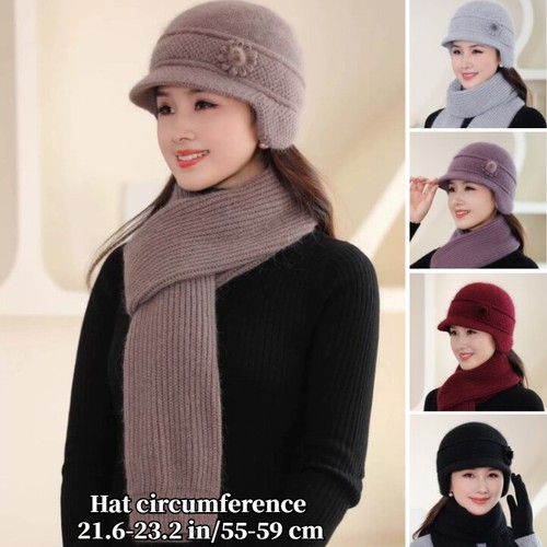 Lady Knitted Hat Scarf Rabbit Fur Bucket Hat Winter Warm Beanies Cap Collar Soft - Picture 2 of 19