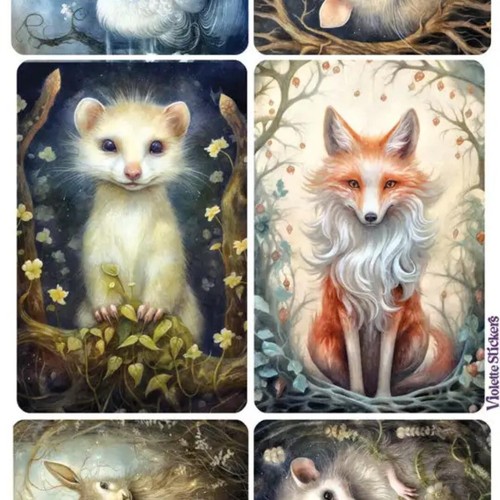 Pegatinas violetas - 1 hoja de pegatinas de animales del bosque nocturno de cristal para papelería - Imagen 3 de 5