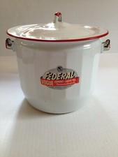 Vintage Federal Enamel Diaper Pail Pot w/Label,Red Wooden Handle Pittsburgh, USA