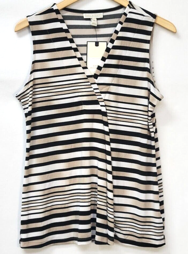 Dana Buchman Medium Sleeveless Top Tan Black White Stripes Career Casual - NWT