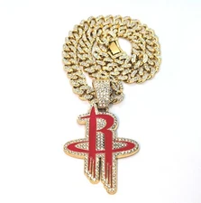 HOUSTON ROCKETS GEM NECKLACE Gold Bling NBA Hip Hop Pendant & 20" Chain