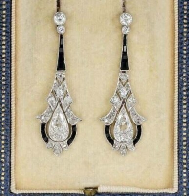 Vintage Art Deco Style Pear Cut Lab Created Diamond Drop Dangle Silver Earrings