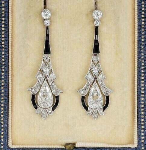 Vintage Art Deco Stil Birnenschnitt Labor erstellt Diamant Tropfen Hängel silber Ohrringe - Bild 1 von 11