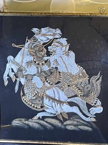 Antique Ramakien Thai Silk Painting Rama And Hanuman Framed 21x18.5” - Picture 2 of 23