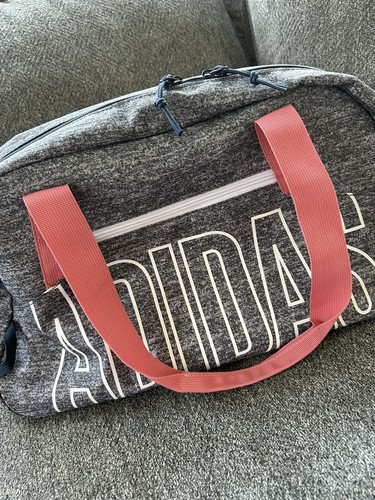 Adidas Graphic Logo Duffel Gym Carry On Bag in Heather Gray Navy & Pink - Picture 5 of 7