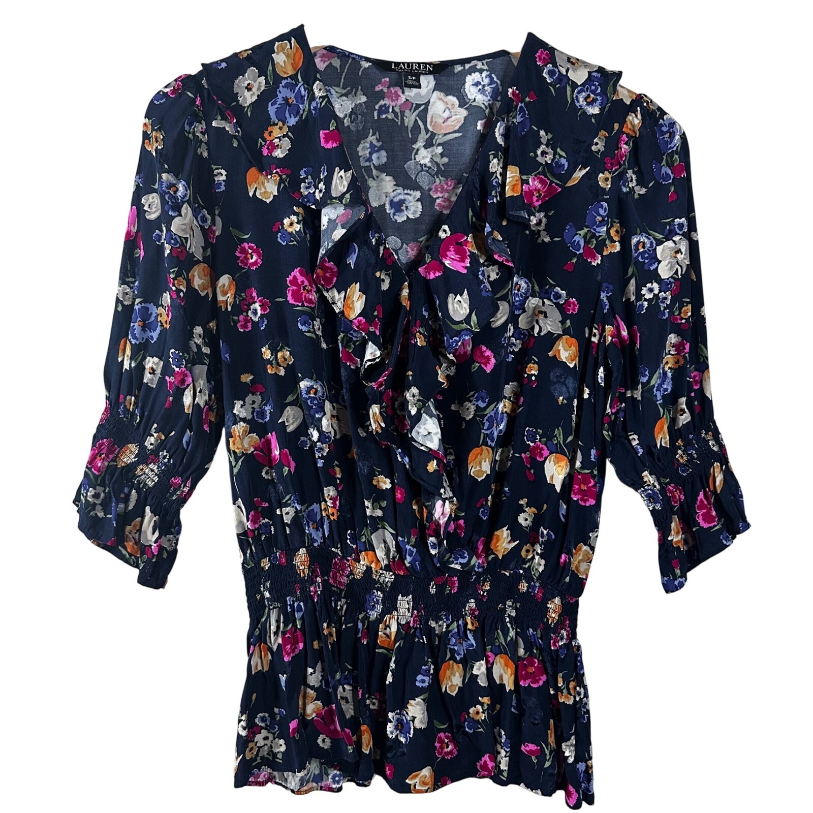 Lauren Ralph Lauren Women's Top Navy Multi Floral Ruffle V Neck Blouse Size S