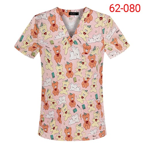 100% Pure Cotton Uniform Shirt Women Men Printing Scrub Tops V-Neck Short Sleeve - Picture 27 of 30