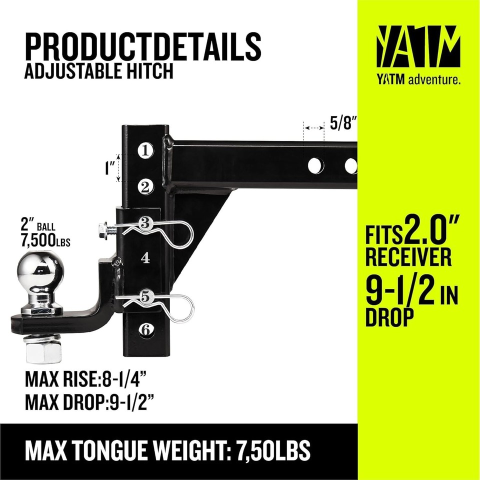 Yatm Adjustable Trailer Hitch 8 Adjustable Drop Hitch With Tri Ball 1 7 8 Quot 2 Quot 2 5 16 Quot 982057