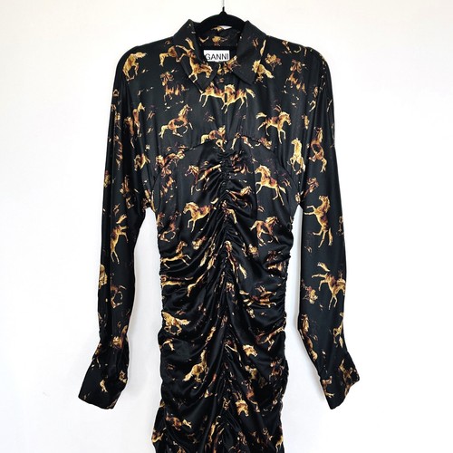 Ganni Ruched Horse Print Dress Size 36/ 8 US 4 Silk Satin Black Gold Long Sleeve - Bild 2 von 11