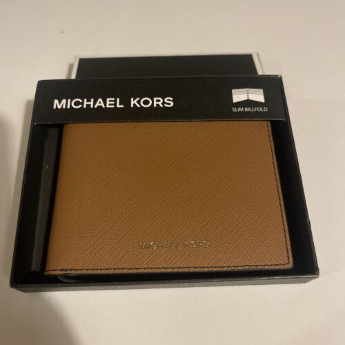 MICHAEL KORS Men’s Andy Leather Bifold Slim Wallet Brown Luggage New in Gift Box