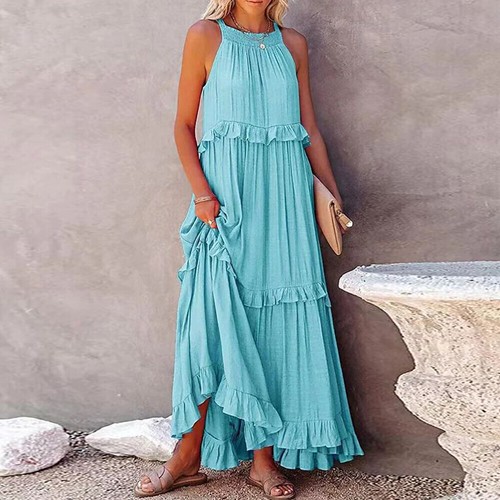 Womens Ruffle Loose Dress Summer Beach Holiday Casual Camisole Maxi Long Dress - Picture 4 of 30
