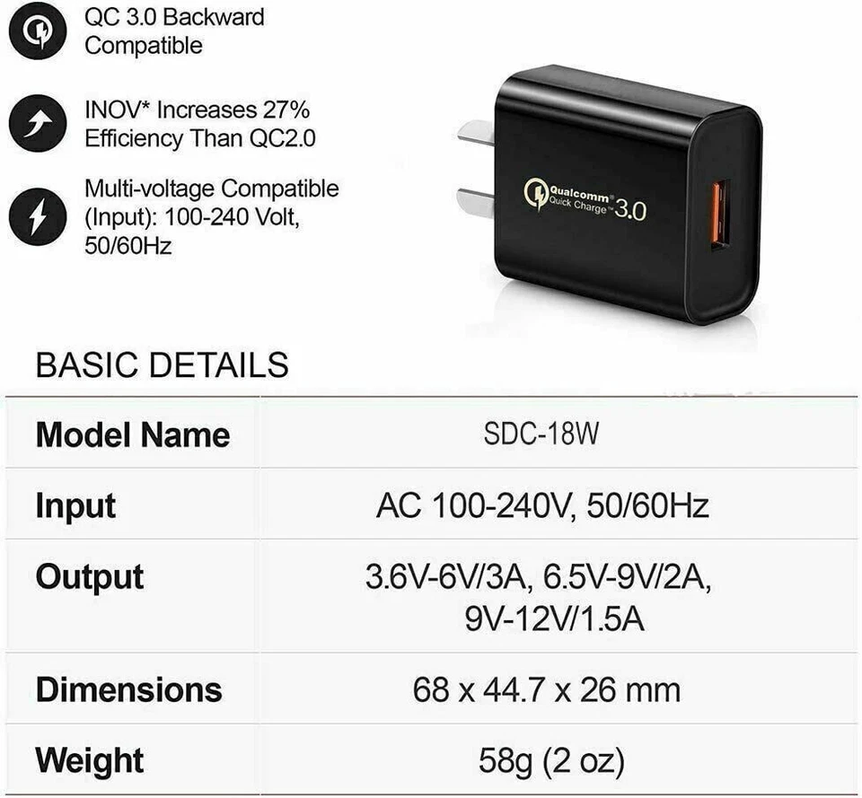 Fast Charging QC3.0 Certified USB Wall Plug Charger Adapter Samsung Apple Huawei - image 2 of 4
