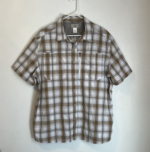 LL Bean Herren XL Hemd braun kariert Knopfleiste belüftet Kurzarm Outdoor Wandern