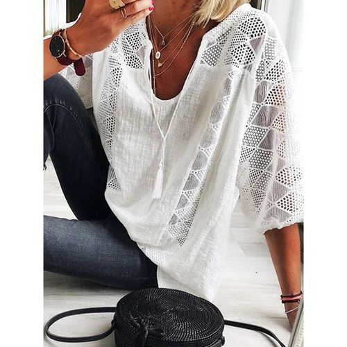 Women Sexy Lace 3/4 Sleeve Baggy T-Shirt Casual Blouse Holiday Tops Plus Size - Picture 13 of 16