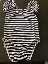 Flutter Sleeve Girls Leotard White Dark Navy Stretch Handmade Size XXL 7/8 New