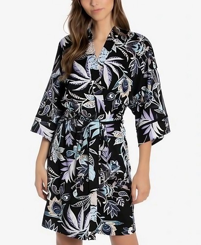 Linea Donatella Floral Print Tie Waist Belt Microfiber Women's Robe S NWT Black - Picture 2 of 2