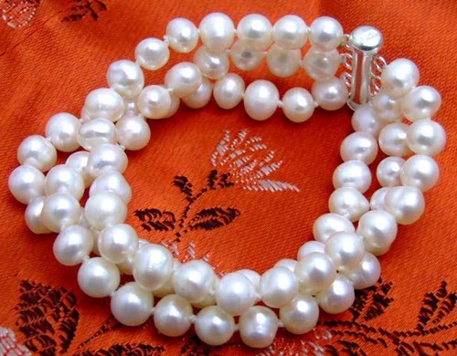 7mm AA Round Natural White Pearl Bracelet for Women Jewelry 3 Strand Bracelet 8" - Picture 5 of 5