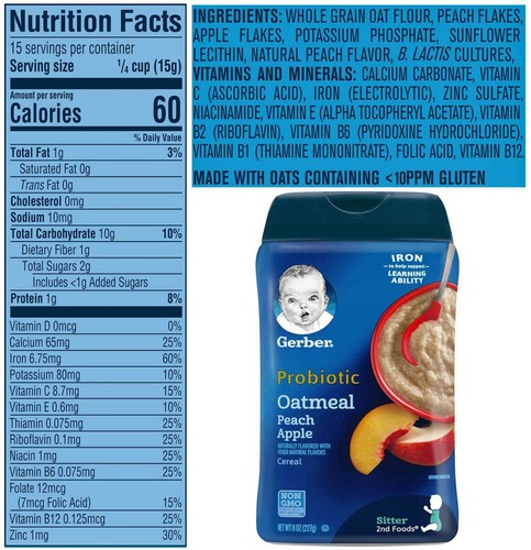 Gerber 2nd Foods Probiotic Oatmeal Peach Apple Cereal Non GMO - 8 Oz - Pack of 3 - Picture 5 of 8