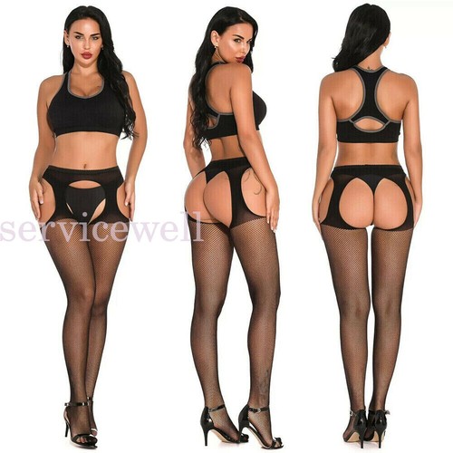 Thigh High Fishnet Stockings Lace Top Over Knee Sexy Black Pantyhose Garter Belt - Picture 2 of 3