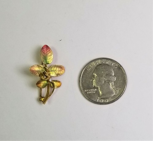 Antique 14K Enamel Leaf Pin with Diamond - Picture 5 of 5