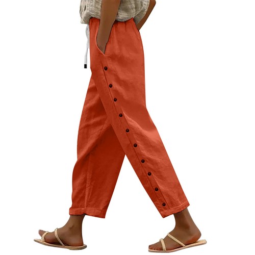Women's Cotton Solid Elastic Waistband Pants With Pockets Side Buttons Trousers - Picture 8 of 66