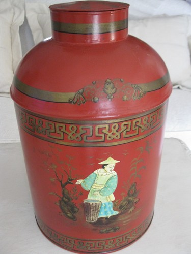 VINTAGE GRANDE CHINOISERIE CINESE ROSSO TOLE WARE CONTENITORE DA TÈ 14" T X 9" W - Foto 6 di 12