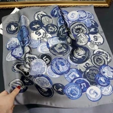 100% Pure Silk 27" Square Scarf Women Neckerchief Wrap Fashion Design Blue Coins