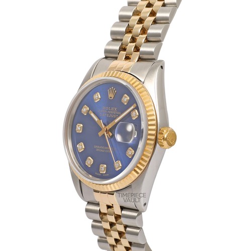ROLEX DATEJUST 16013 GOLD & STAHL 36MM UHR BLAU DIAMANT ZIFFERBLATT 18K GERIFFELTE LÜNETTE - Bild 4 von 12
