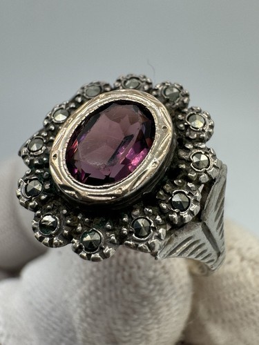 Antique Georgian 18k Gold & Sterling Silver Floral Ring Amethyst Marcasite
