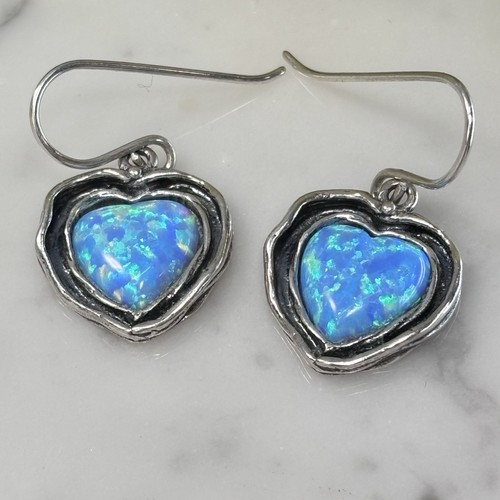 Shablool Didae Israel Sterling Silver 925 Blue Opal Hearts Hook Dangle Earrings - Picture 2 of 9