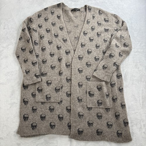 Skull Cashmere Womans L Skull Printed Open Cardigan Sweater Pockets Wool Blend