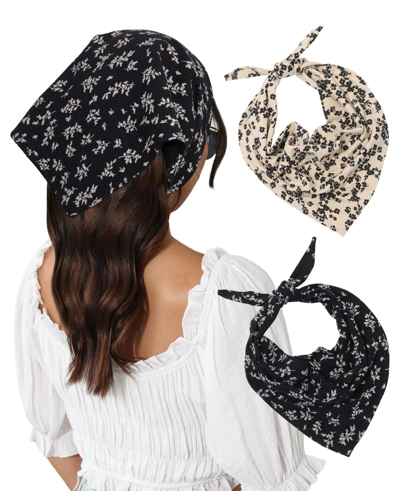 2 PCS Cotton Floral Hair Scarf Bandana Women Triangle Kerchief Girls Headwear