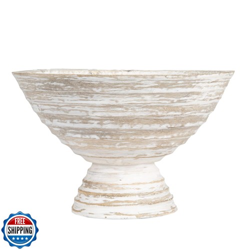 Creative Co-Op Boho Wood Pedestal Serving Bowl, White Wash Finish - Picture 3 of 5