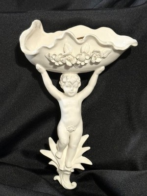 Ardalt White Porcelain Cherub Holding Shell Bowl Wall Pocket Planter  10''
