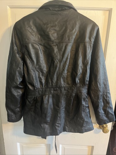 Vintage KC Collections Black Leather Jacket Women L Belted Zip Front Moto - Picture 3 of 13