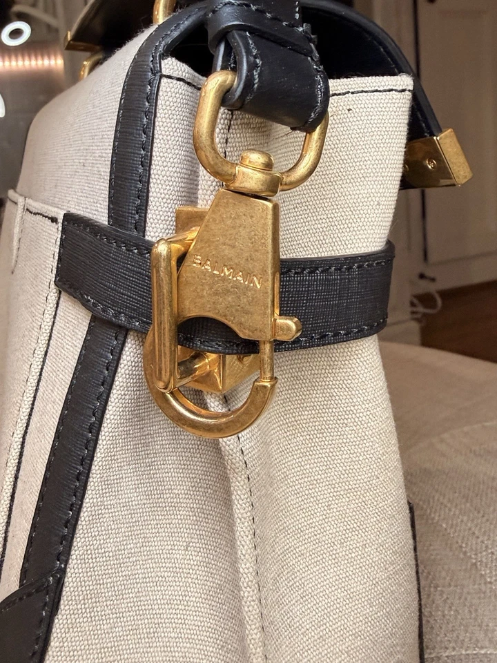 Bolso Balmain B-Buzz 23 Logo Lona y Cuero Asa Superior Natural Foto 3 de 4