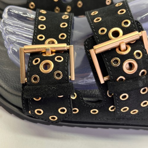 AllSaints Khai Sandal Size 7 Black Suede Double Strap Eyelet Chunky Slide - Picture 4 of 18