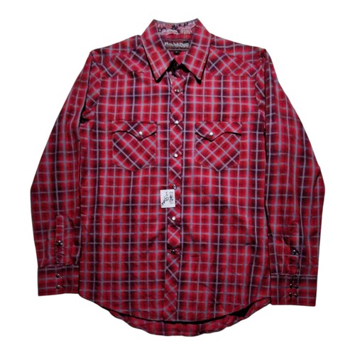 Neu mit Etikett Rock Roll Cowboy Hemd Herren L Perlen Druckknopf Langarm rot kariert Paisley Flip - Bild 2 von 4