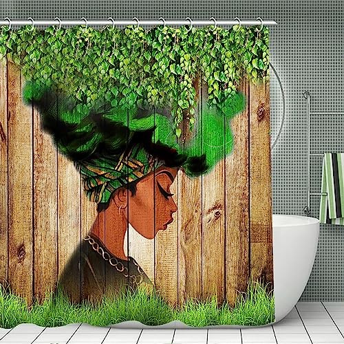 Afrikanische Frau Duschvorhang Afro Schwarz Kunst Grün Blätter Grün Blätter Mädchen - Bild 2 von 7