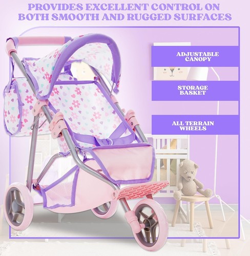 Baby Doll Stroller Jogger 3-Wheel Pram Buggy with Canopy & Basket Purple 21" - Picture 4 of 7