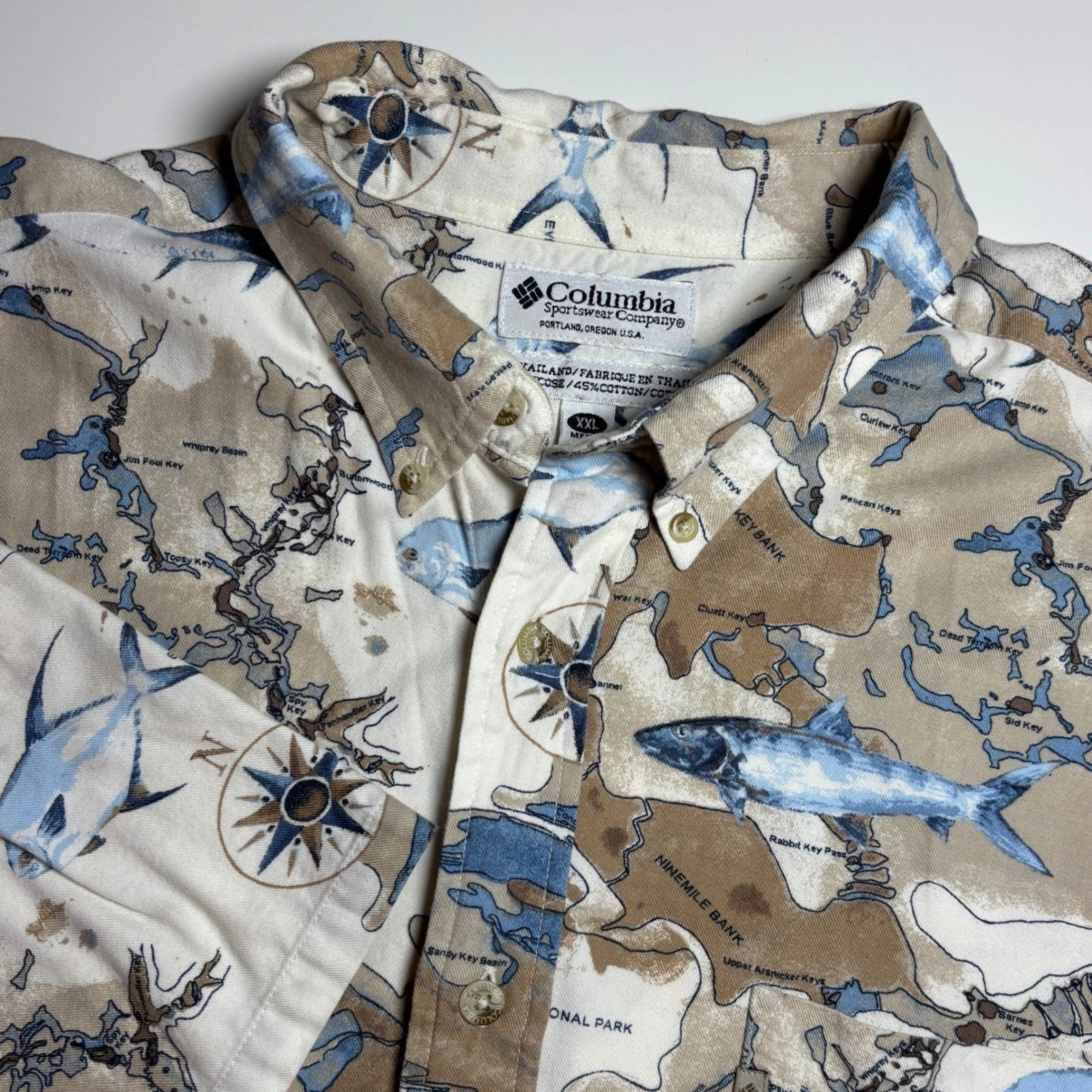 Vintage Columbia Fishing Shirt Men XXL Tan Button Up Camp Florida Keys Shirt