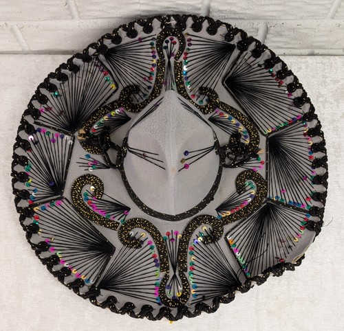 Vintage 22" Fregalia Mexican Charro Sombrero Gray Felt Black Gold Embroidery - Picture 2 of 12