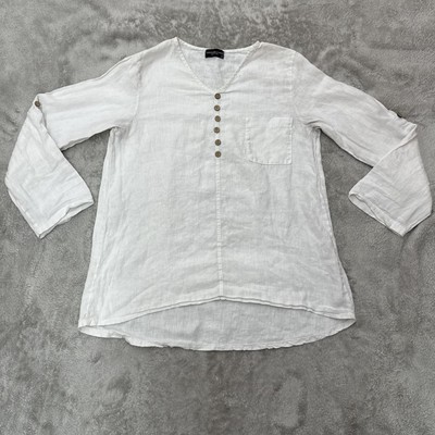 Terzo Millennio Shirt Womens Small White Linen Italy Button Top Boho Blouse