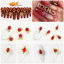 24pcs Red Nail Rhinestones Luxury Nail Charms Ruby Red Heart Charms for Nails 3D