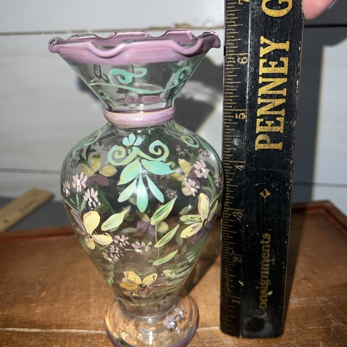 Vintage TRACY PORTER Hand-Painted Glass Bud Vase Purple/Yellow Flowers Ruffled - Picture 8 of 10