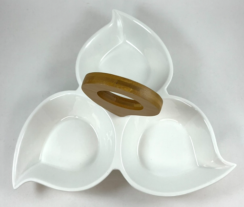 Brandani Italy 3 Section White Porcelain & Bamboo Serving Dish, MCM, Party, NEW - Picture 3 of 9