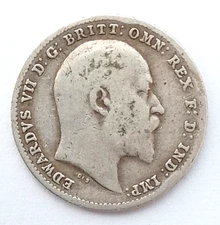 1902 EDWARD VII SILVER THREEPENCE  ( .925 Silver )  British 3d Coin.    34